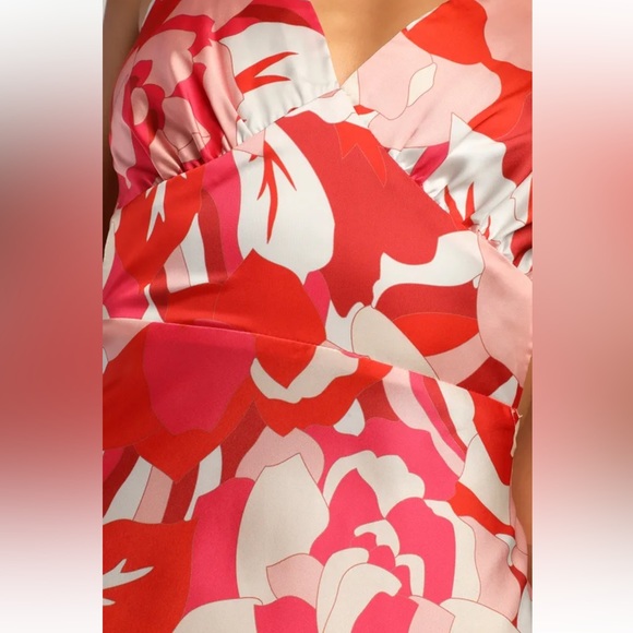 Lulus Pink & Red Floral Satin Midi Dress size Medium - Picture 5 of 12
